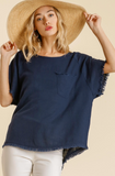 Round Neck Linen-Blend Top - Navy (1X)