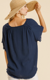 Round Neck Linen-Blend Top - Navy (1X)