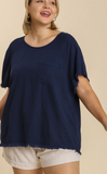 Round Neck Linen-Blend Top - Navy (1X)