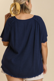 Round Neck Linen-Blend Top - Navy (1X)