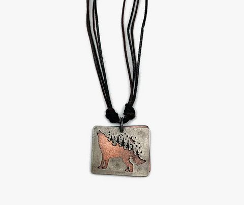 Howling Wolf with Trees Pewter Necklace