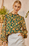 Ruffle Collar Floral Blouse - Teal and Marigold (S, 1X-3X)
