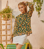 Ruffle Collar Floral Blouse - Teal and Marigold (S, 1X-3X)