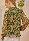 Ruffle Collar Floral Blouse - Teal and Marigold (S, 1X-3X)