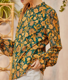 Ruffle Collar Floral Blouse - Teal and Marigold (S, 1X-3X)