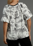 Round Neck Landscape Blouse - Black on White (XL, 1XL)