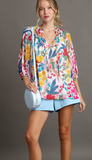 Floral 3/4 Sleeve Ruffle Neck Blouse (S, L)