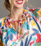 Floral 3/4 Sleeve Ruffle Neck Blouse (S, L)