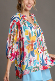 Floral 3/4 Sleeve Ruffle Neck Blouse (S, L)