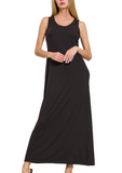 Sleeveless Rounded Neck Maxi Dress - Black or Light Navy (S-XL)
