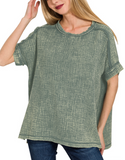 Gauze Round Neck Short Sleeve Shirt - Ash Jade (S, 1X-3X)