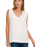 Gauze Raw Hem Sleeveless Top - White or Classic Blue (M, L)