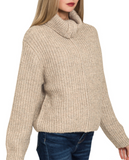 High Neck Full Zip Sweater - Heather Beige or Heather Gray (S-L)