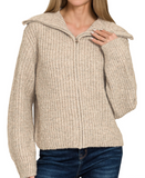 High Neck Full Zip Sweater - Heather Beige or Heather Gray (S-L)