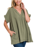 V-Neck Cotton Gauze Top - Black or Light Olive (S, XL)