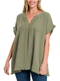 V-Neck Cotton Gauze Top - Black or Light Olive (S, XL)