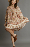 Floral A-line 3/4 Sleeve Dress - (XL-2XL)