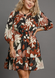Abstract Floral Print Smocked Waist Dress (XL-2XL)