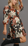 Abstract Floral Print Smocked Waist Dress (XL-2XL)