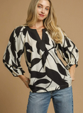 Leaf Print Baloon Sleeve Blouse (S, L, 1XL, 2XL)