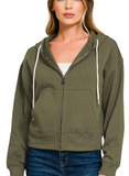 Fleece Cropped Full Zip Hoodie - Dark Olive (S-L)