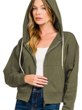 Fleece Cropped Full Zip Hoodie - Dark Olive (S-L)
