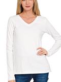 V-neck Long Sleeve Tee - White (S-XL)