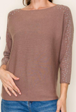 Rhinestone Boatneck 3/4 Sleeve Sweater - Mocha (S, M)