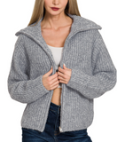 High Neck Full Zip Sweater - Heather Beige or Heather Gray (S-L)