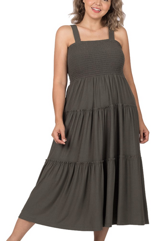 Smocked Tiered Sleeveless Midi Dress - Plus - Ash Gray (1X, 3X)