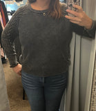 Round Neck Sweater with Cable Knit Sleeve Detail - Black (S-L)