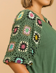Crochet Sleeve Linen Shirt (S, 1X, 2X)
