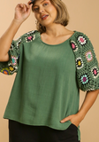 Crochet Sleeve Linen Shirt (S, 1X, 2X)