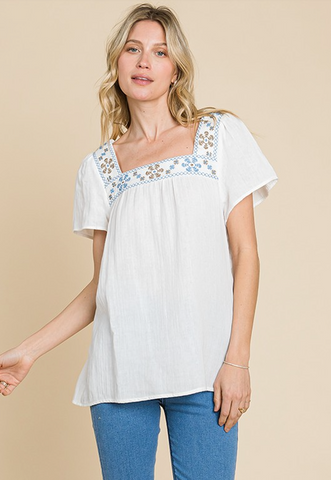 Square Neck Embroidered Top - Ivory (S, M, XL)