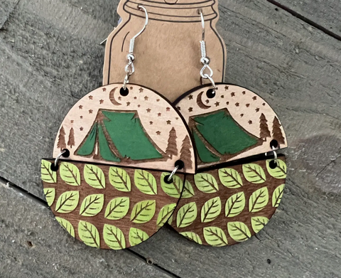 Tent Camping Hand Painted Wood Earrings