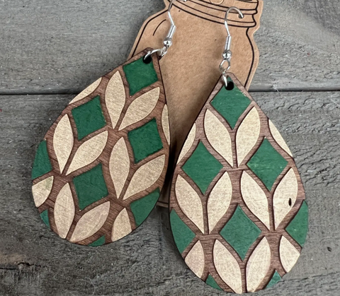 Green/Gold Geometric Engraved Hand Painted Wood Earrings