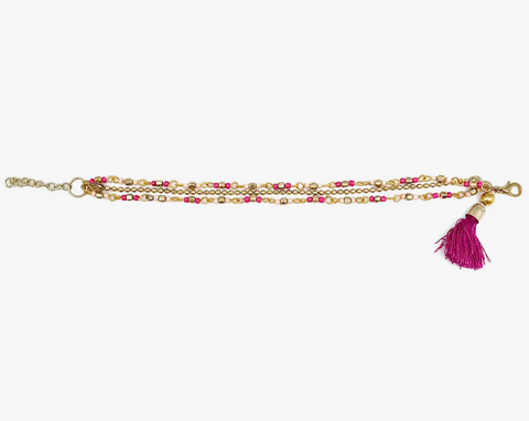 Fuchsia and Gold Multi-Strand Beaded Bracelet with Tassel
