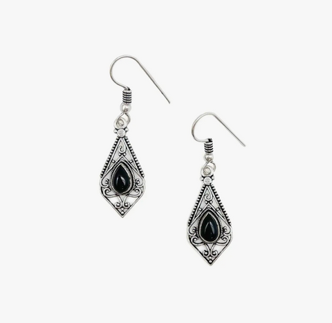 Diamond with Onyx Silver Earrings