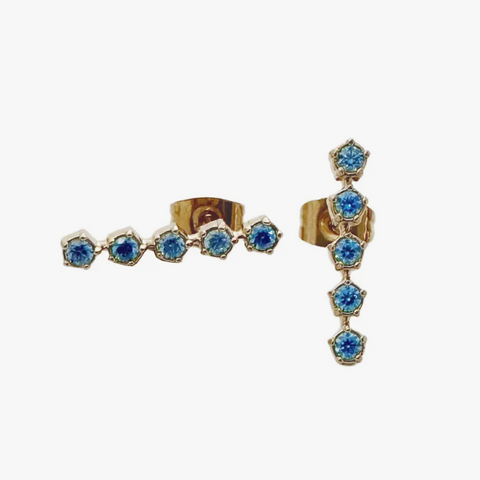 Blue Crystal Line Stud Earrings - Gold