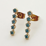 Blue Crystal Line Stud Earrings - Gold