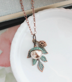 Copper Pearl and Leaf Necklace w/ Mint Patina.
