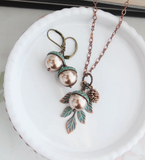 Copper Pearl and Leaf Necklace w/ Mint Patina.