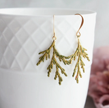 Cedar Tree Branch Earrings - Gold or Moss Patina