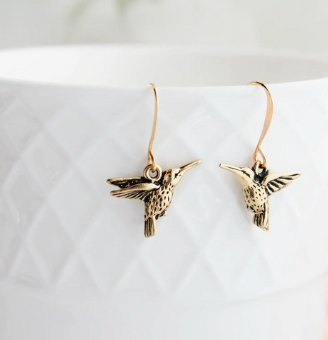 Humming Bird Earrings - Antiqued Gold