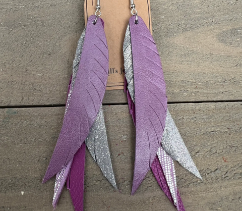 Feather Stacked Leather Earrings - Purple or Copper/Green