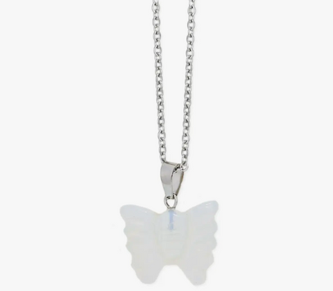 Carved Opal Butterfly Necklace - Silver Chain
