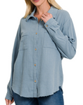 Double Gauze Button Down - Blue Gray or Bright Lavender (S)