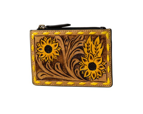 Radiant Sunflower Hand-Tooled Credit Card Holder