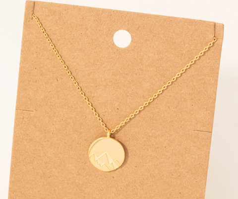 Etched Mountain Coin Pendant Necklace - Gold or Silver