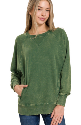 Acid Washed Pull Over with Pockets - Dark Green (S-L)